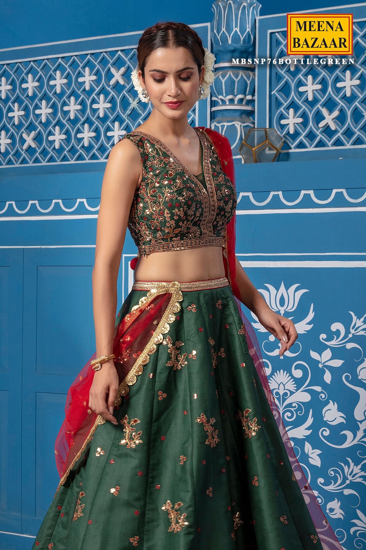 Bottle Green Silk Lehenga