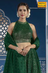 Sequined Bottle Green Georgette Lehenga