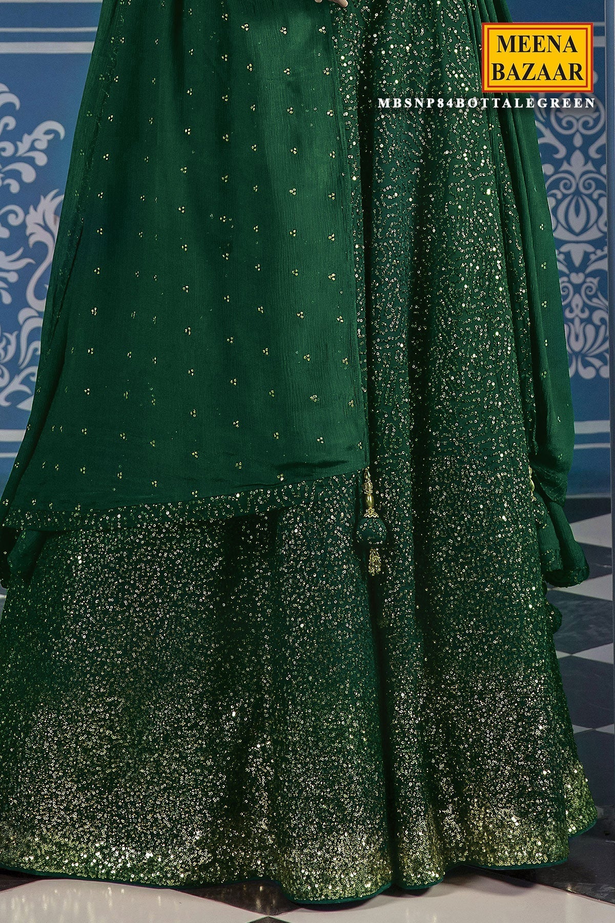 Sequined Bottle Green Georgette Lehenga