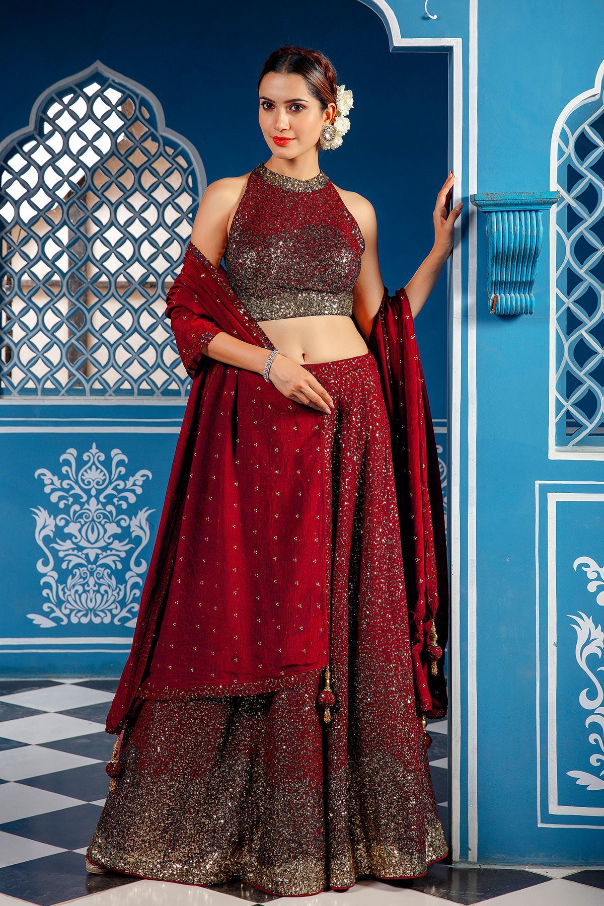 Sequined Maroon Georgette Lehenga