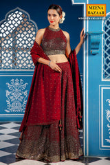 Sequined Maroon Georgette Lehenga