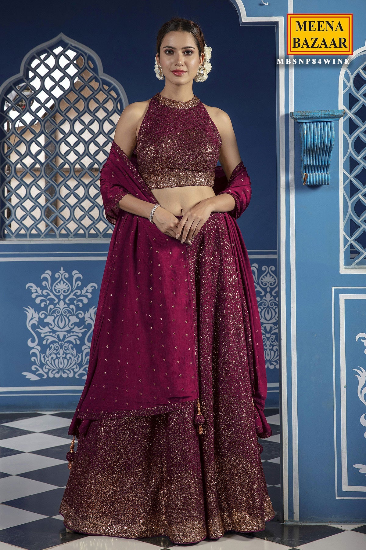 Sequined Wine Georgette Lehenga