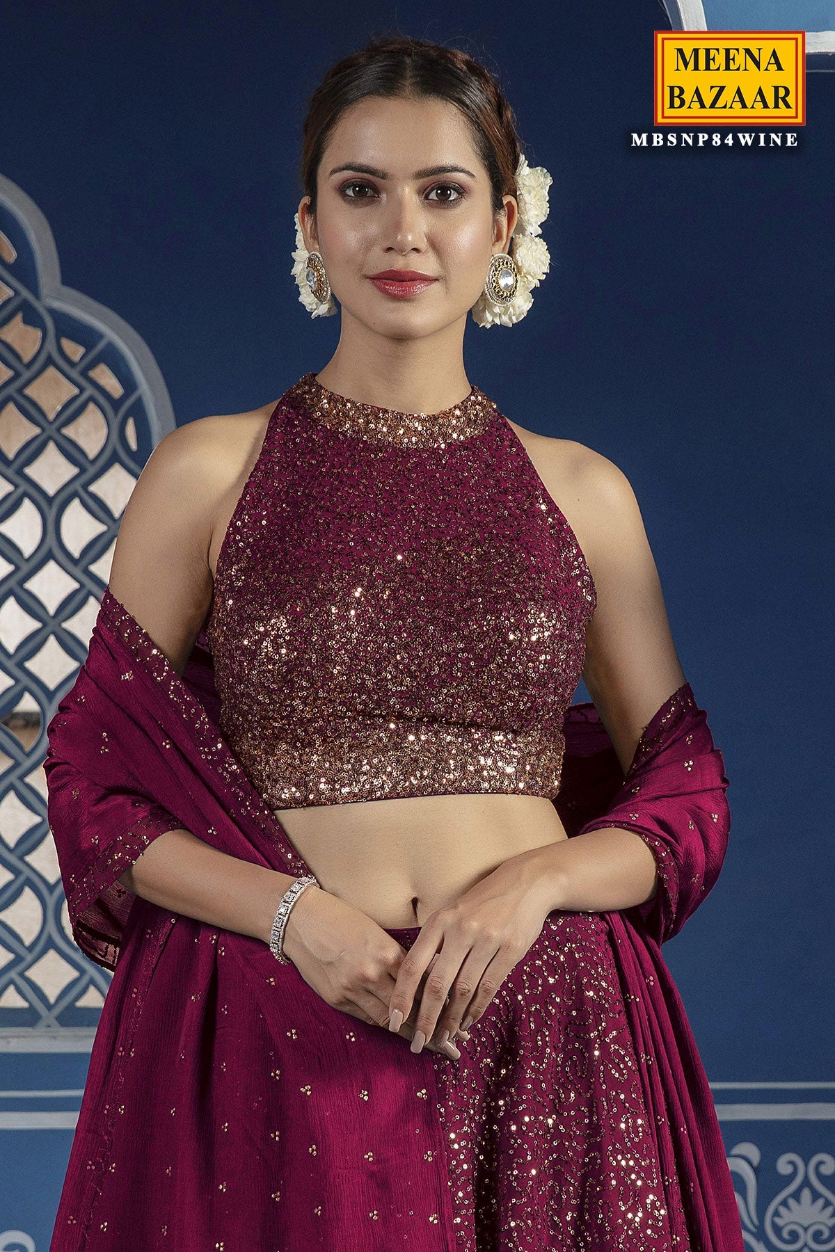 Sequined Wine Georgette Lehenga