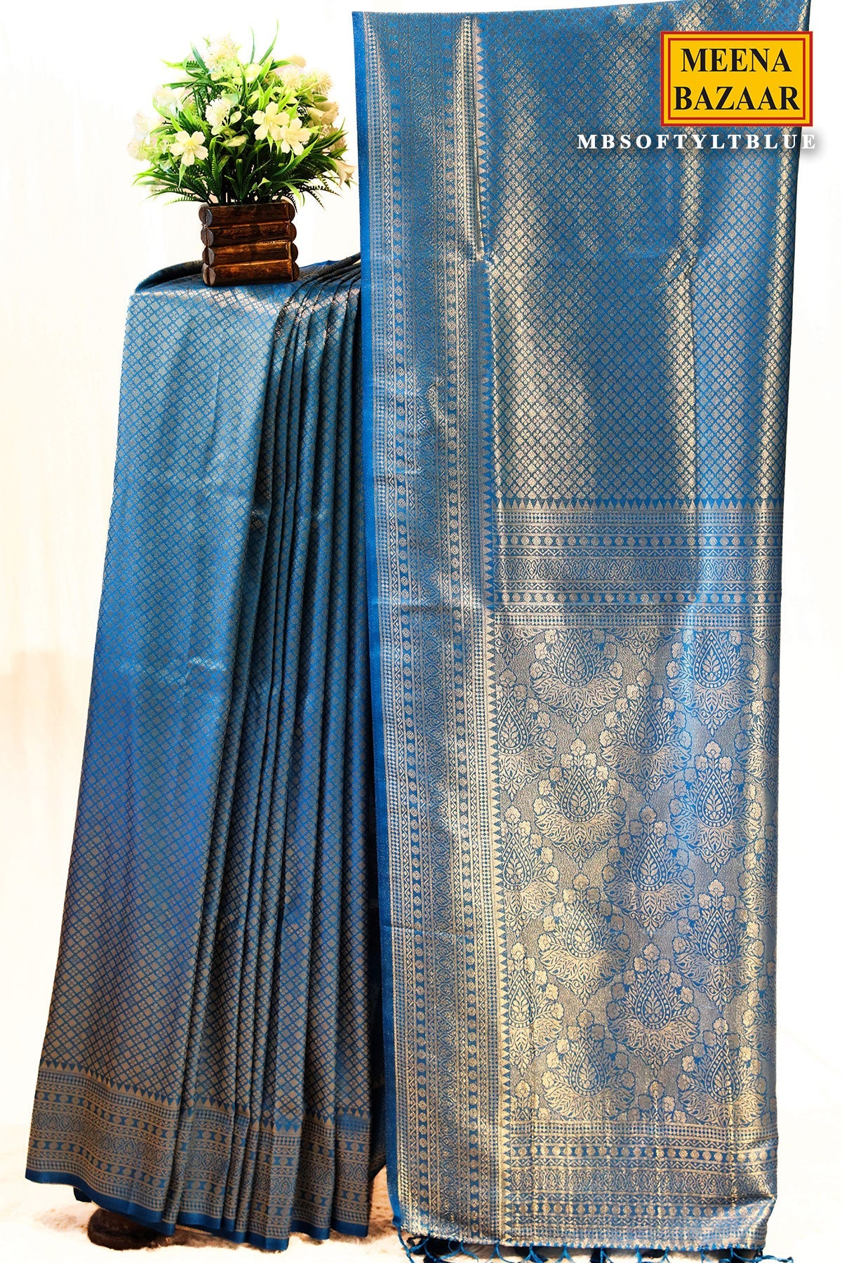 Softy Blue Silk Weaving Jaal Saree