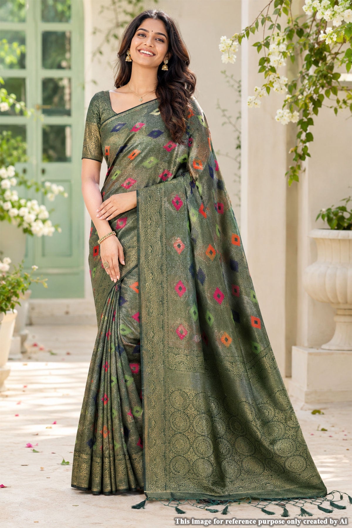 Softi Patola Bottle Green Silk Weaving Jaal Saree