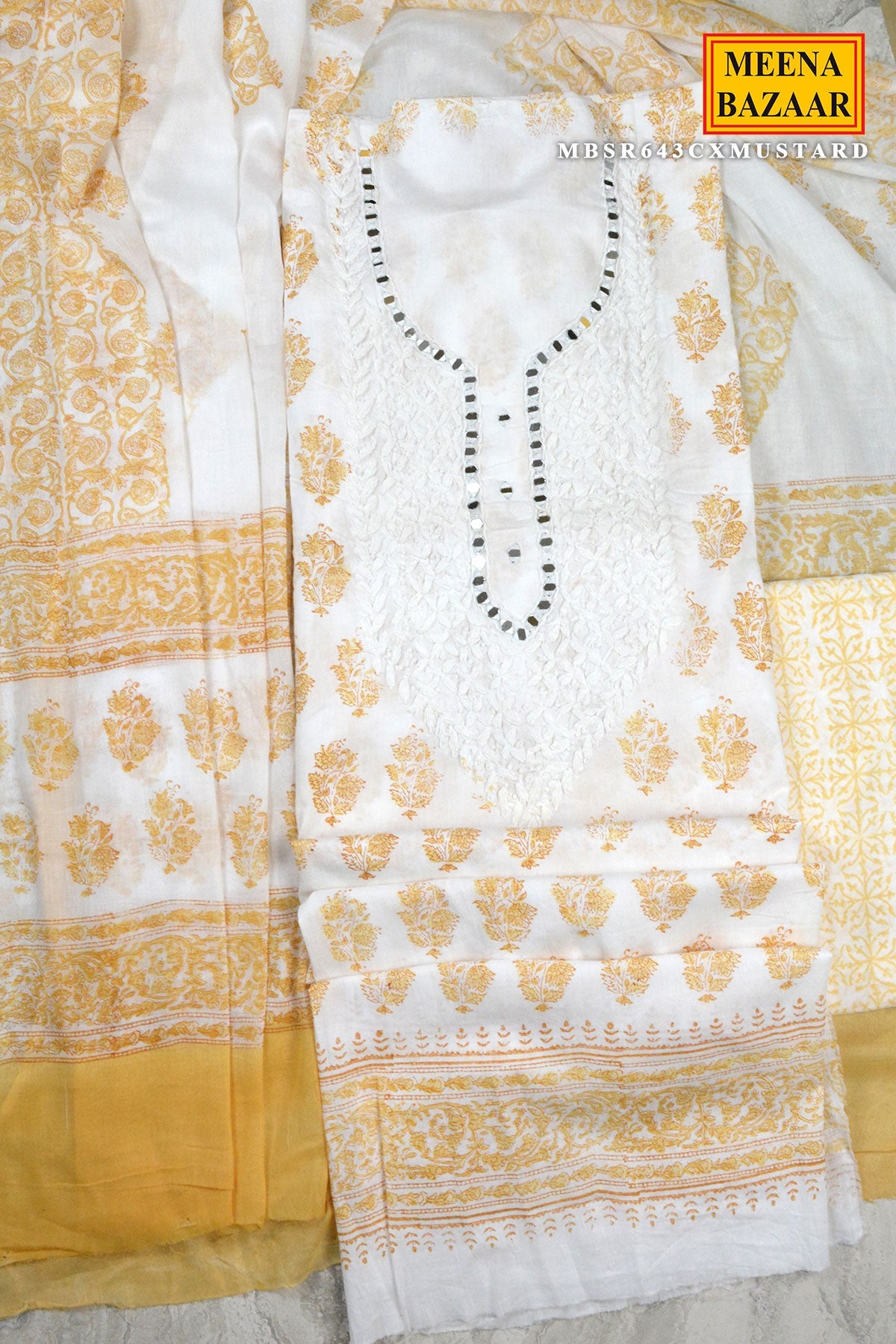 Cream and Mustard Handblock Printed Suit Set