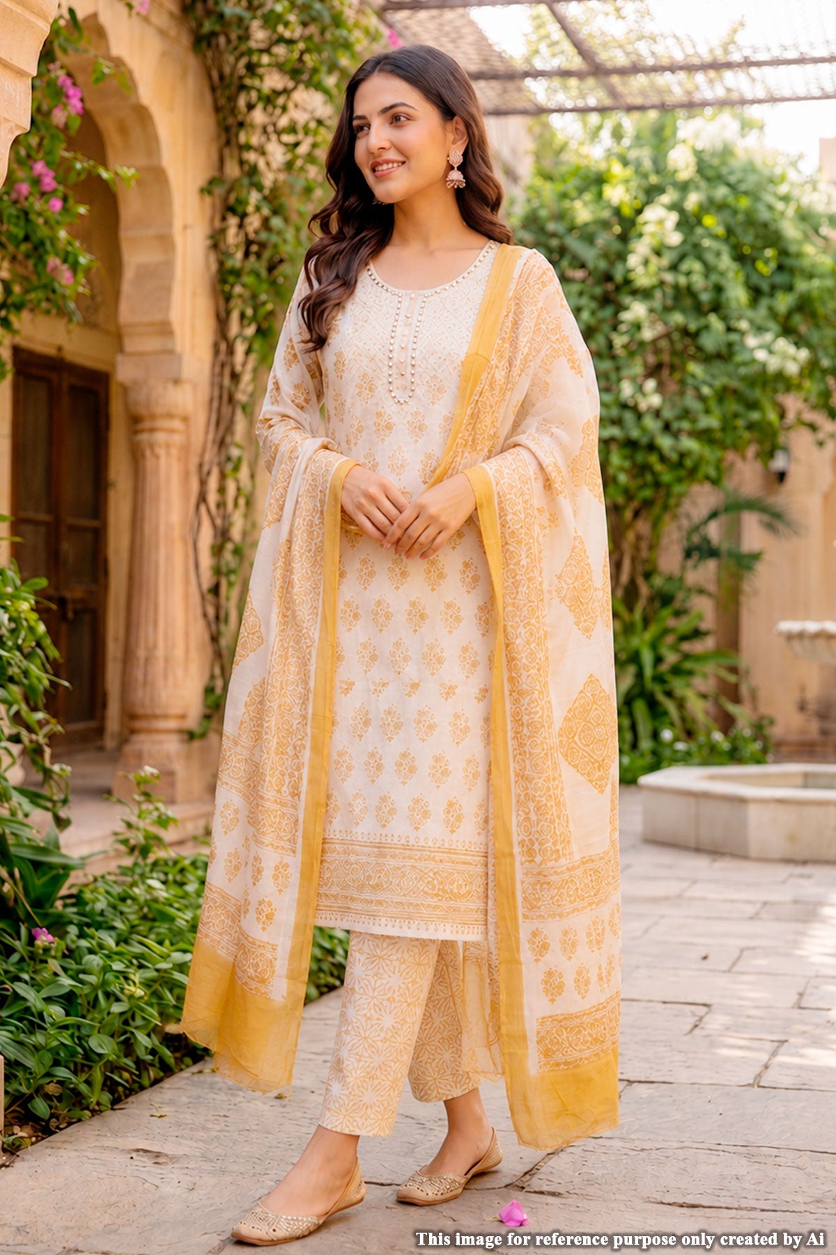 Cream and Mustard Handblock Printed Suit Set