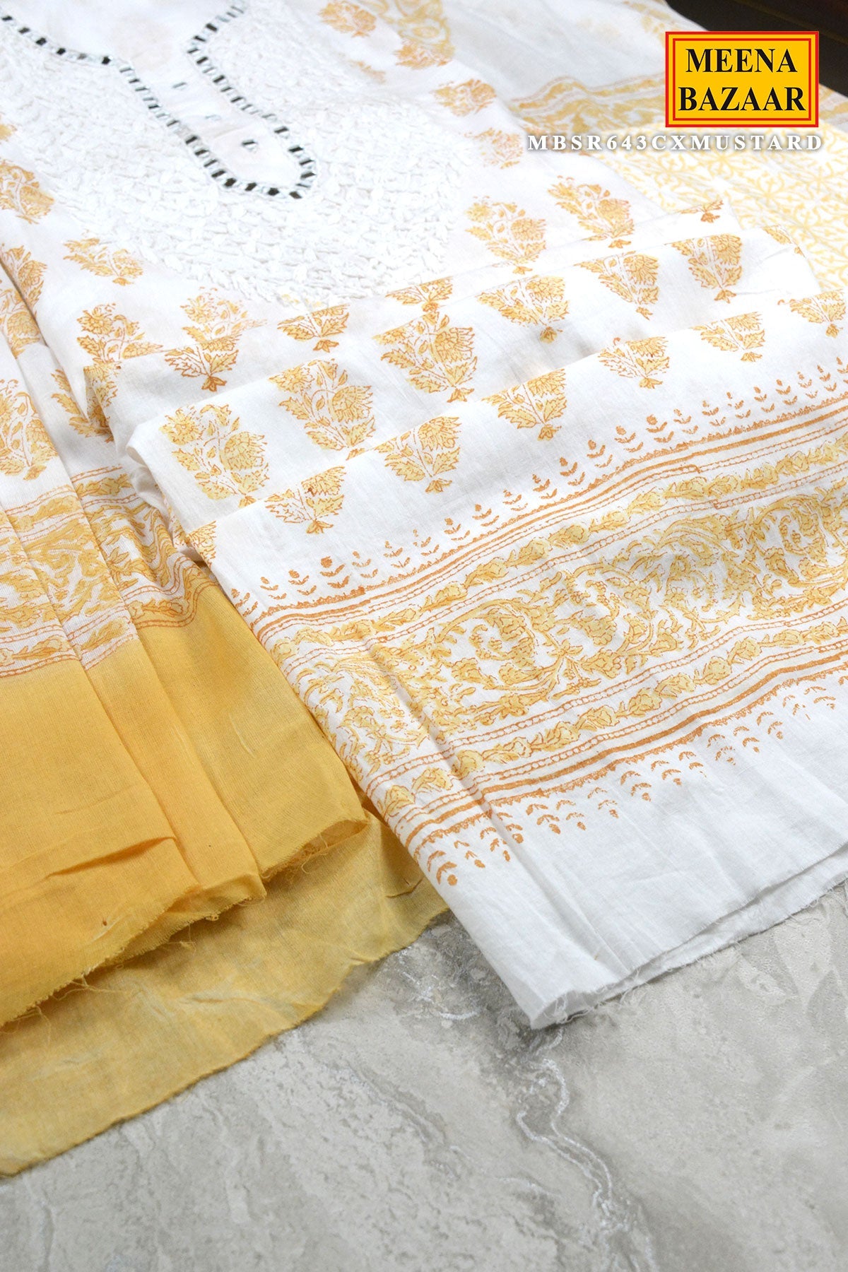 Cream and Mustard Handblock Printed Suit Set