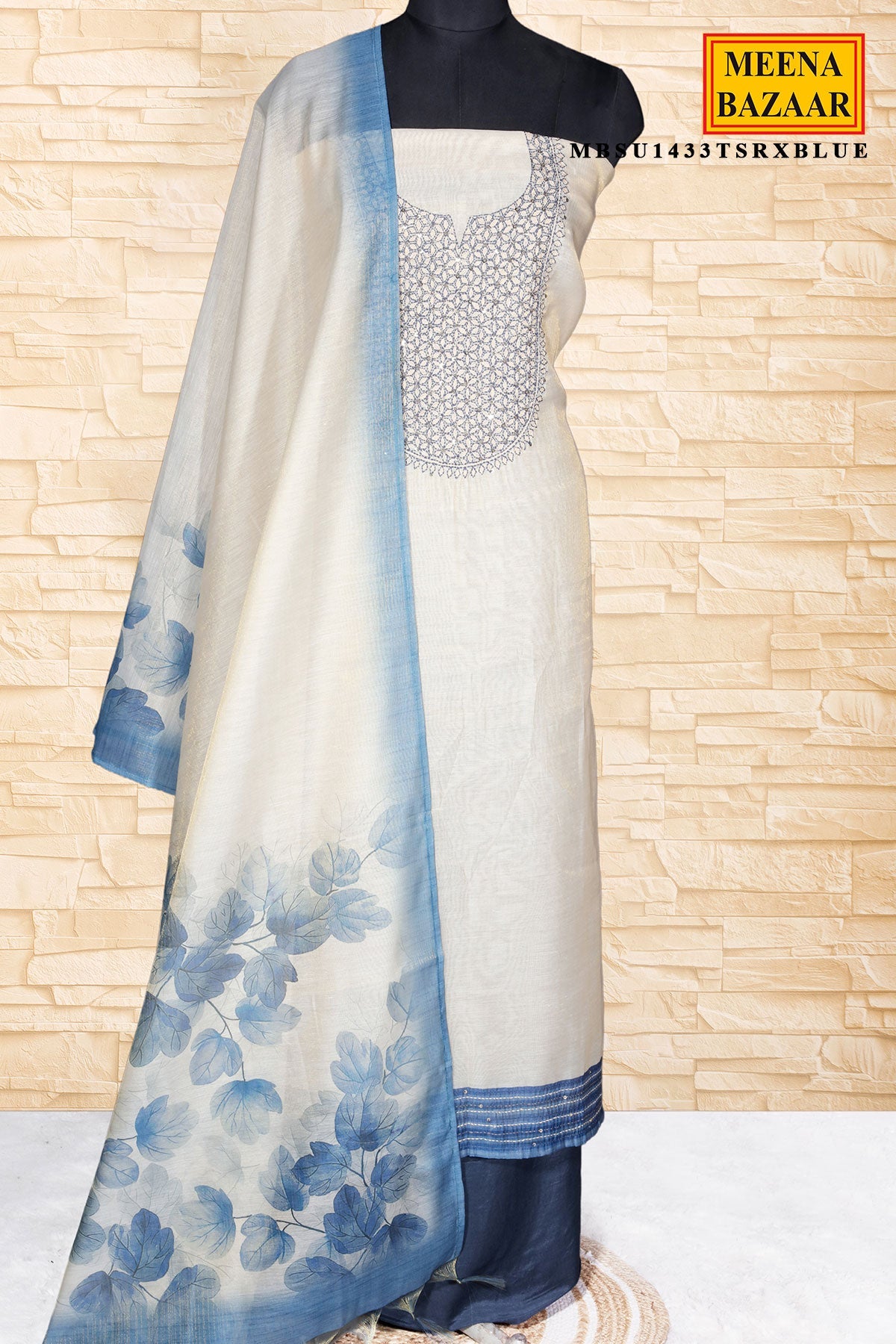 Tussar & Blue Chanderi Embroidered Unstitched Suit Set With Designer Dupatta & Blue Pant