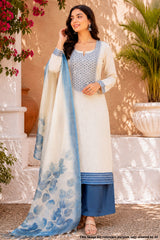 Tussar & Blue Chanderi Embroidered Unstitched Suit Set With Designer Dupatta & Blue Pant