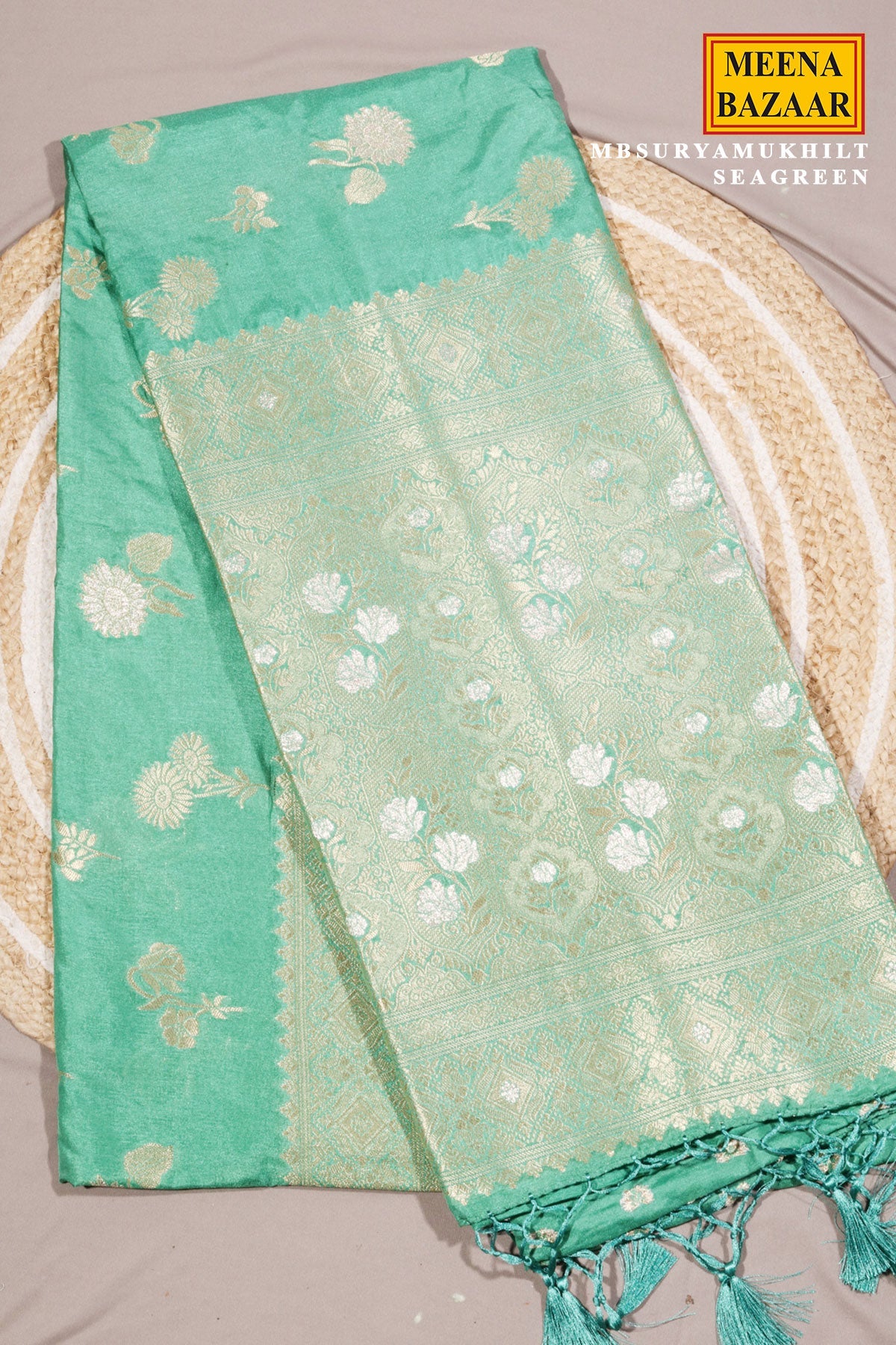 Sea Green Silk Saree with Elegant Weaving Buti