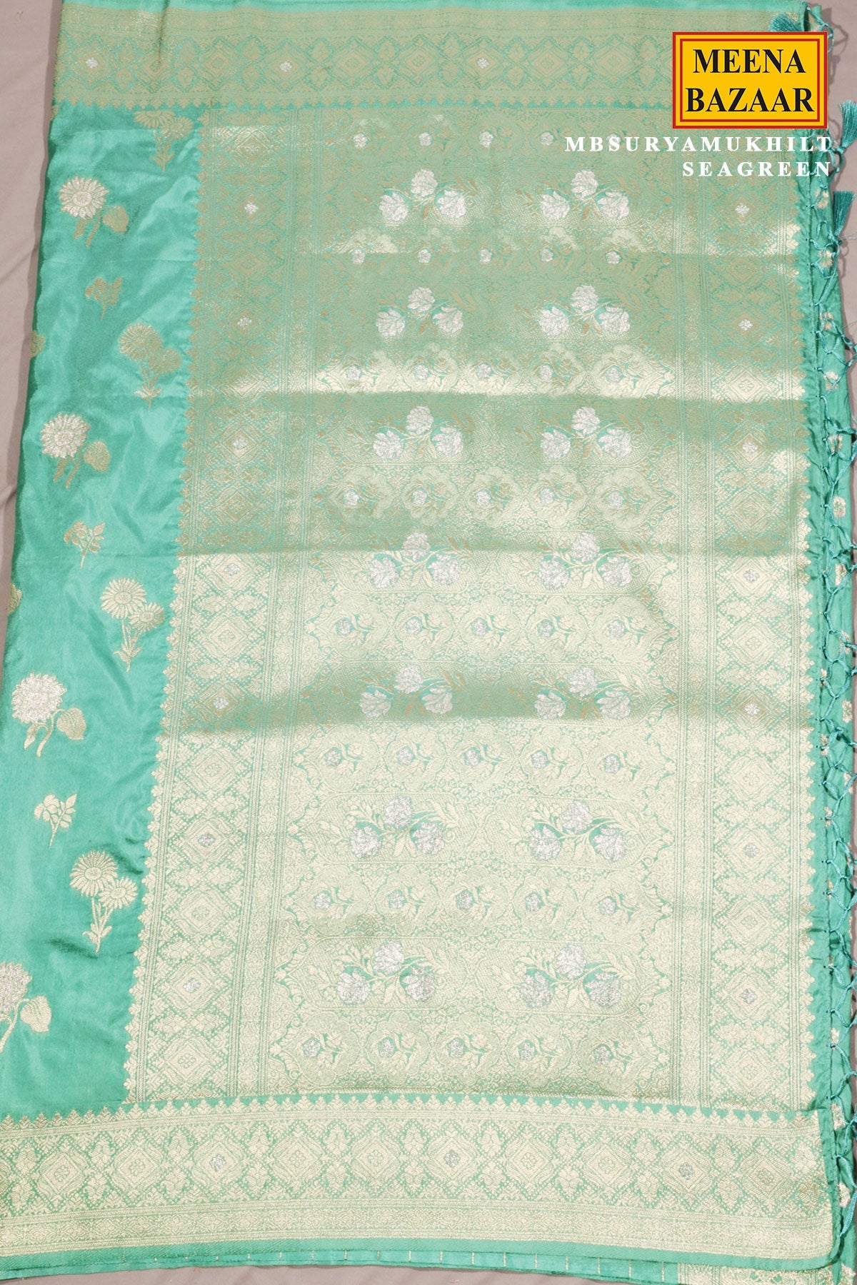 Sea Green Silk Saree with Elegant Weaving Buti