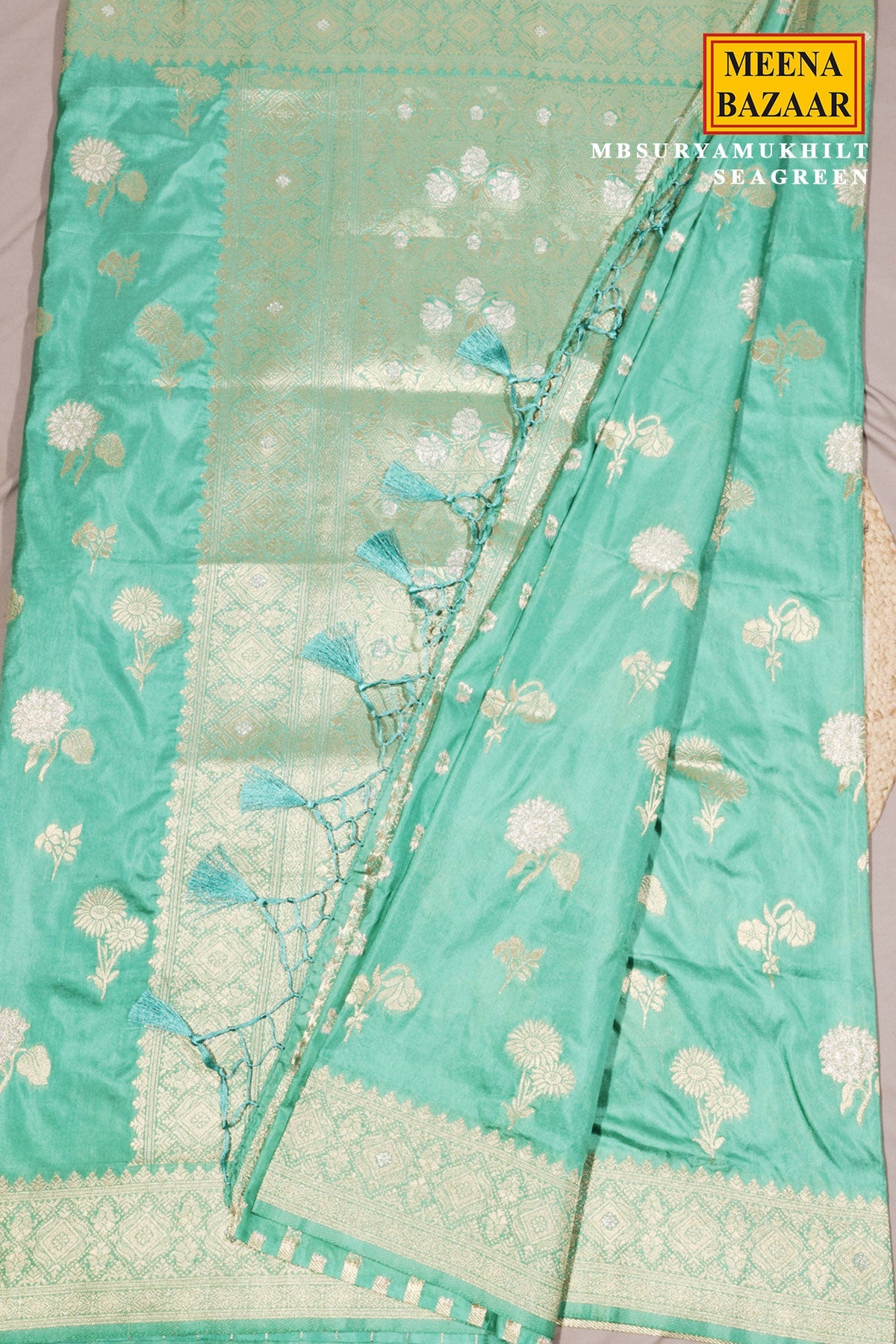 Sea Green Silk Saree with Elegant Weaving Buti