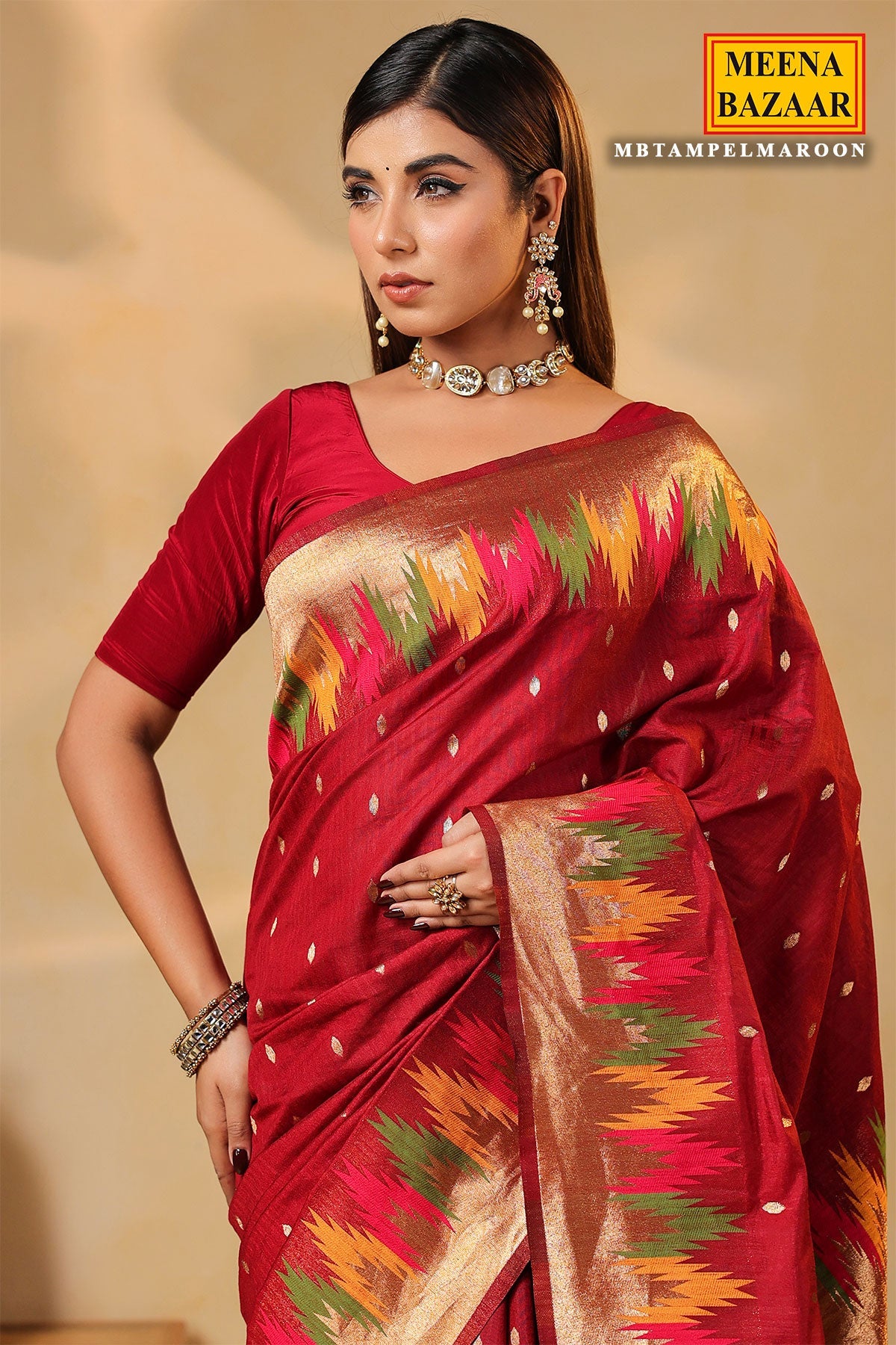 Maroon Temple Silk Weaving Saree Elegant Traditional & Party Wear