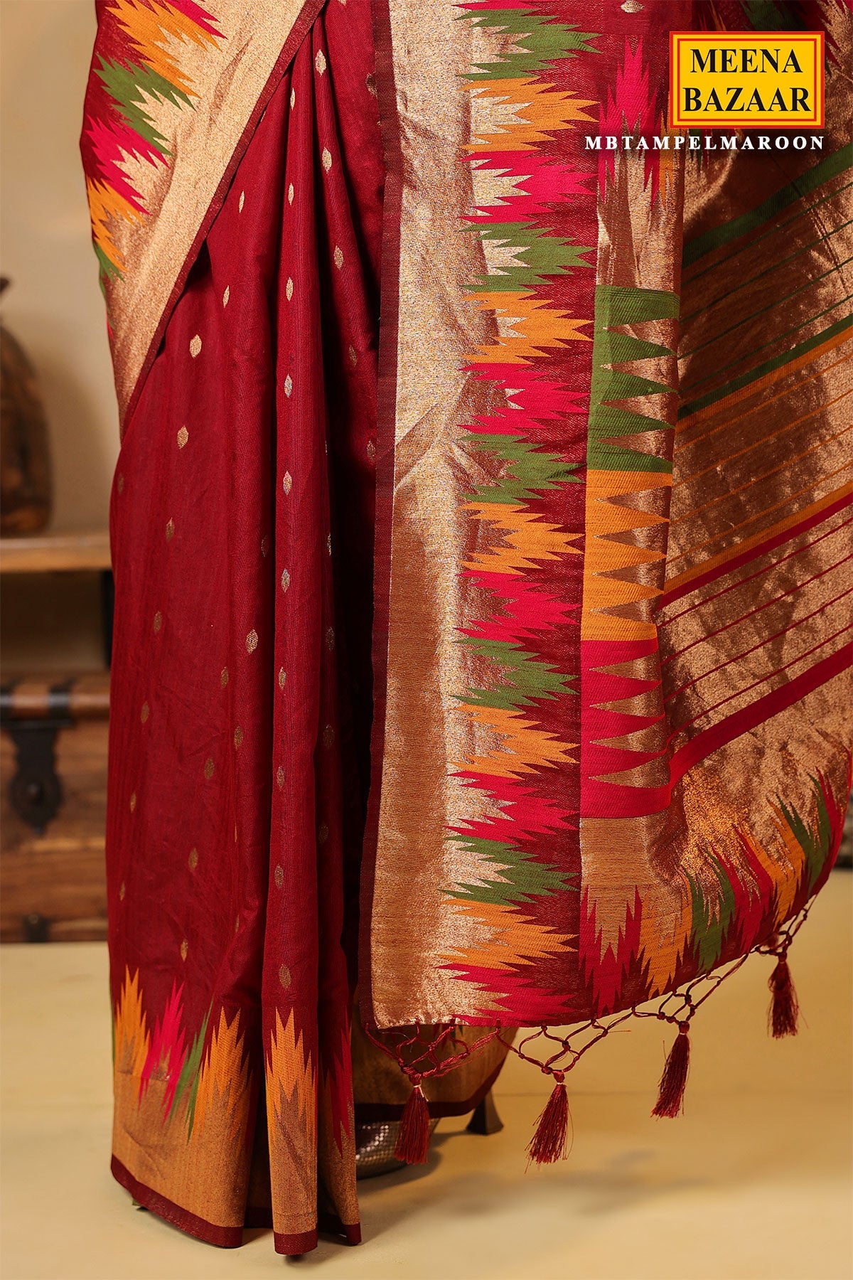 Maroon Temple Silk Weaving Saree Elegant Traditional & Party Wear