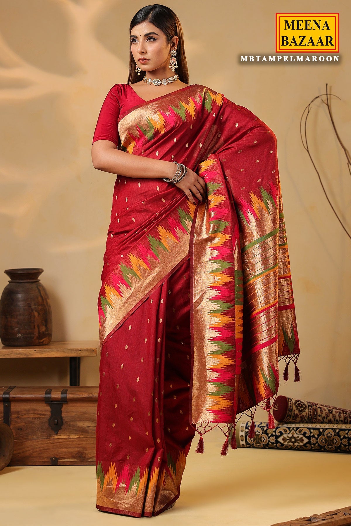 Maroon Temple Silk Weaving Saree Elegant Traditional & Party Wear