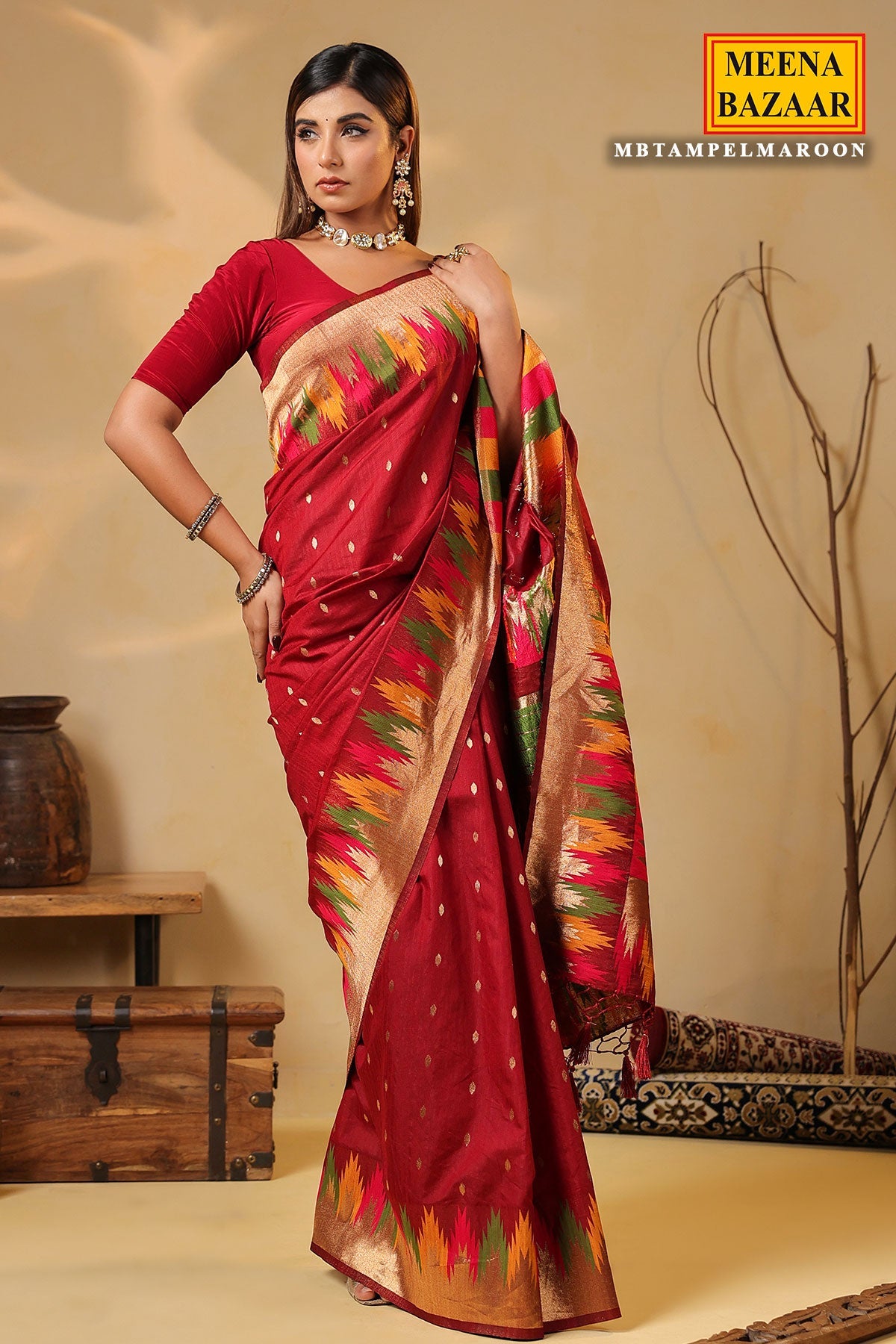 Maroon Temple Silk Weaving Saree Elegant Traditional & Party Wear