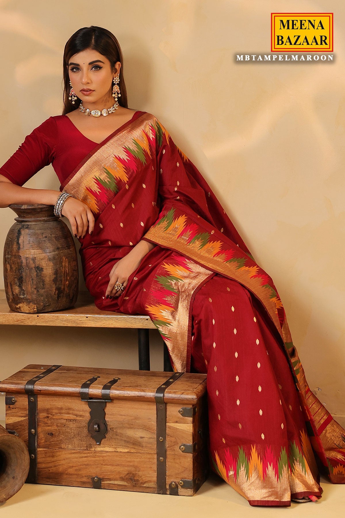 Maroon Temple Silk Weaving Saree Elegant Traditional & Party Wear
