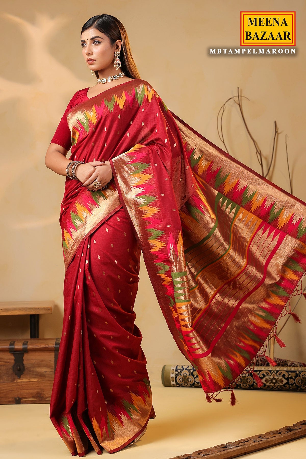 Maroon Temple Silk Weaving Saree Elegant Traditional & Party Wear