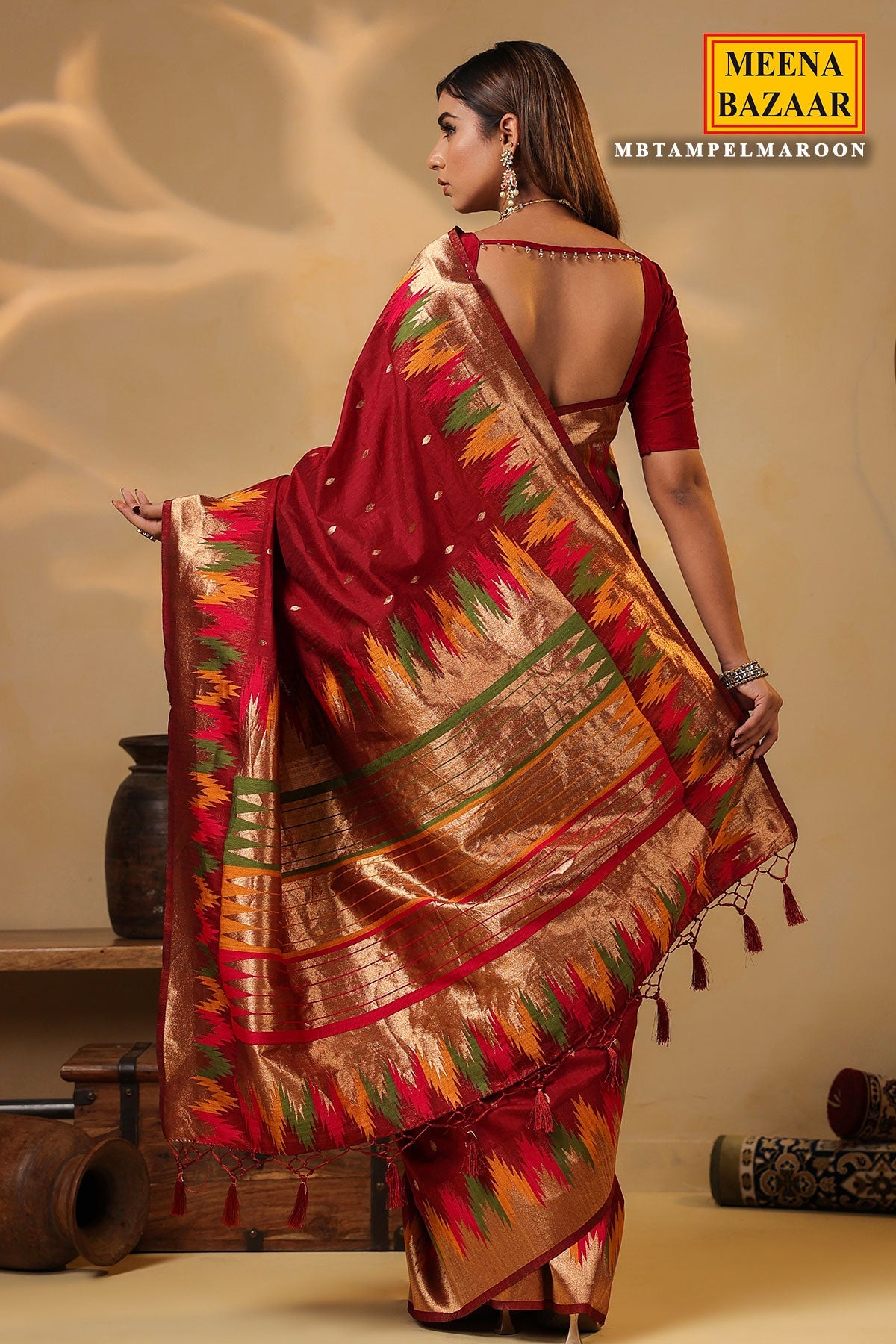 Maroon Temple Silk Weaving Saree Elegant Traditional & Party Wear