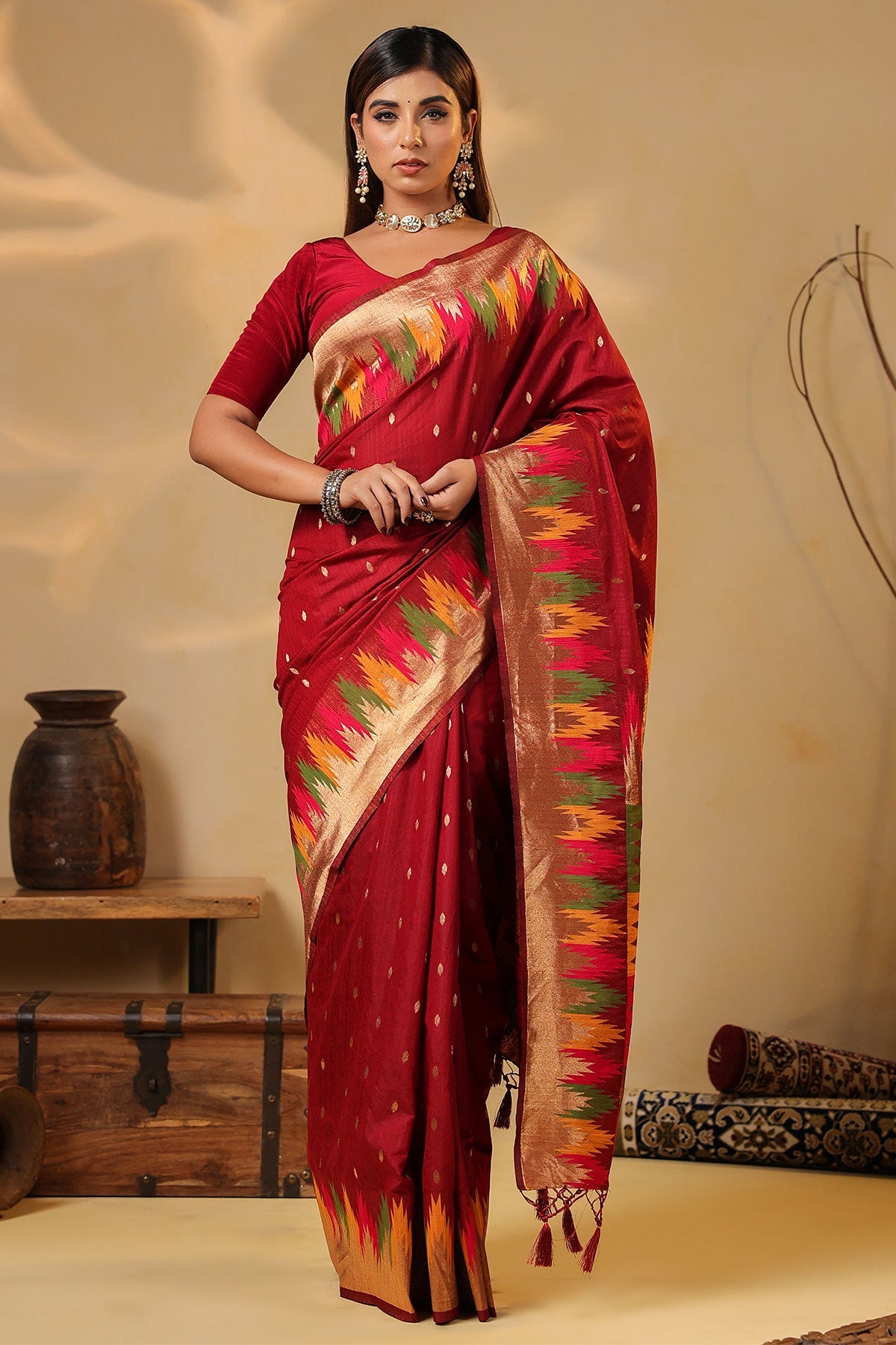 Maroon Temple Silk Weaving Saree Elegant Traditional & Party Wear