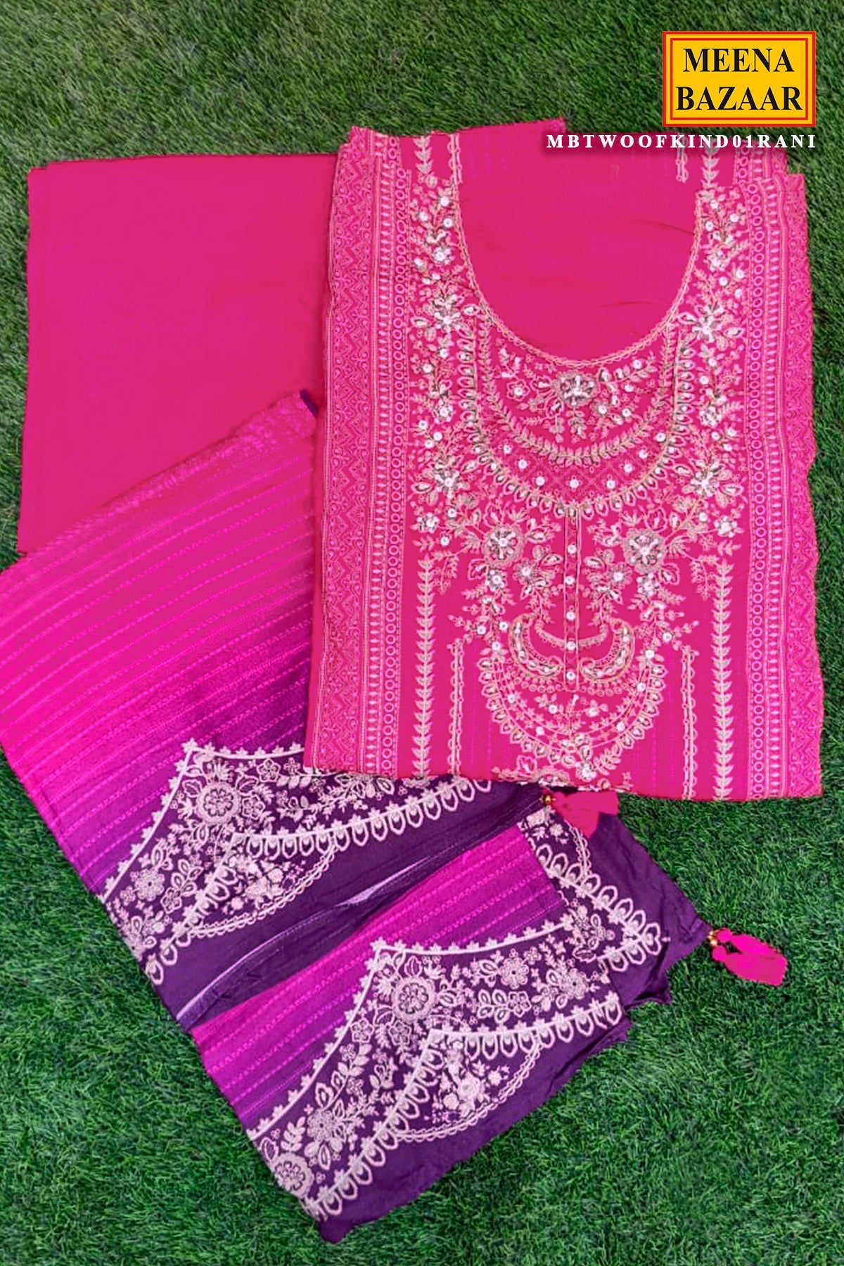 Elegant Rani Pashmina Unstitched Suit with Embroidered Detailing