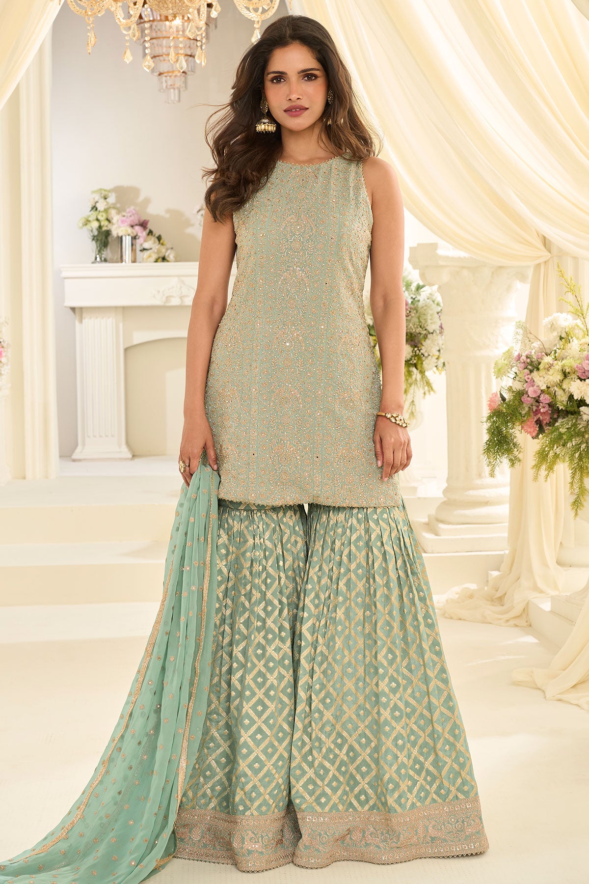 Sea Green Georgette Straight Sharara Suit with Embroidery