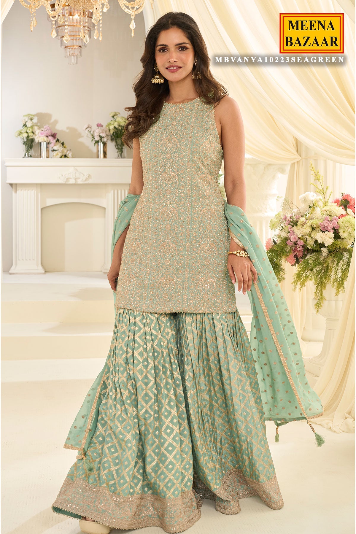 Sea Green Georgette Straight Sharara Suit with Embroidery