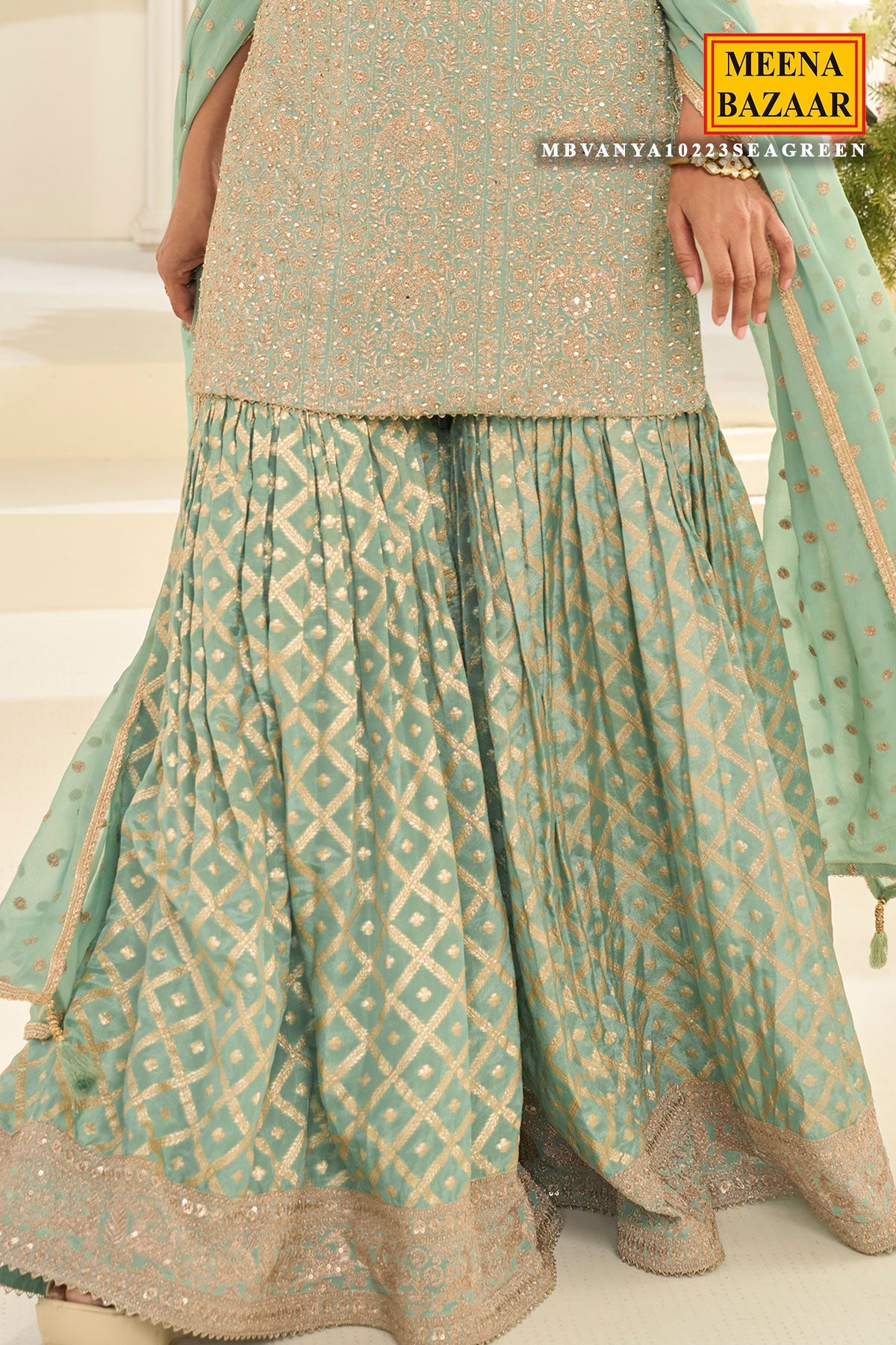 Sea Green Georgette Straight Sharara Suit with Embroidery