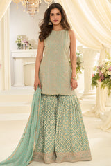 Sea Green Georgette Straight Sharara Suit with Embroidery