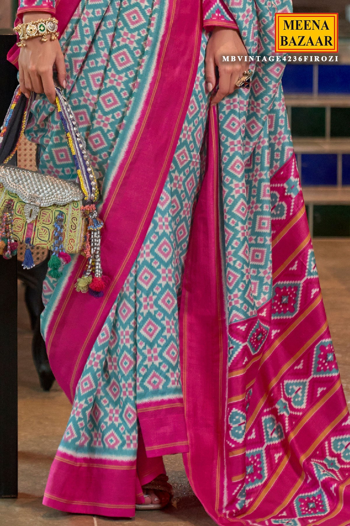 Firozi Silk Saree with Pink Border– Vintage Patola Printed Designer Saree