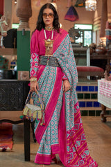 Firozi Silk Saree with Pink Border– Vintage Patola Printed Designer Saree