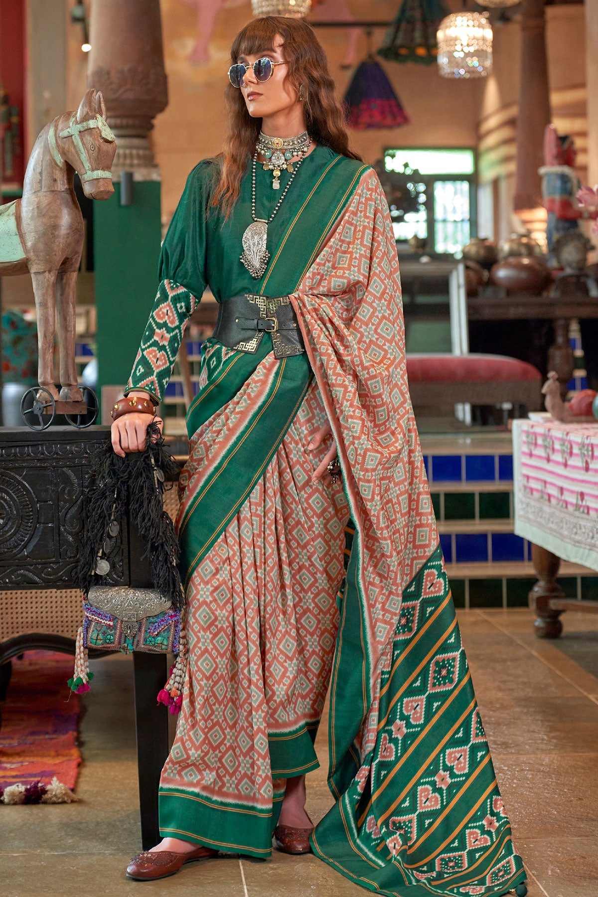 Peach Silk Saree with Green Border– Vintage Patola Printed Designer Saree