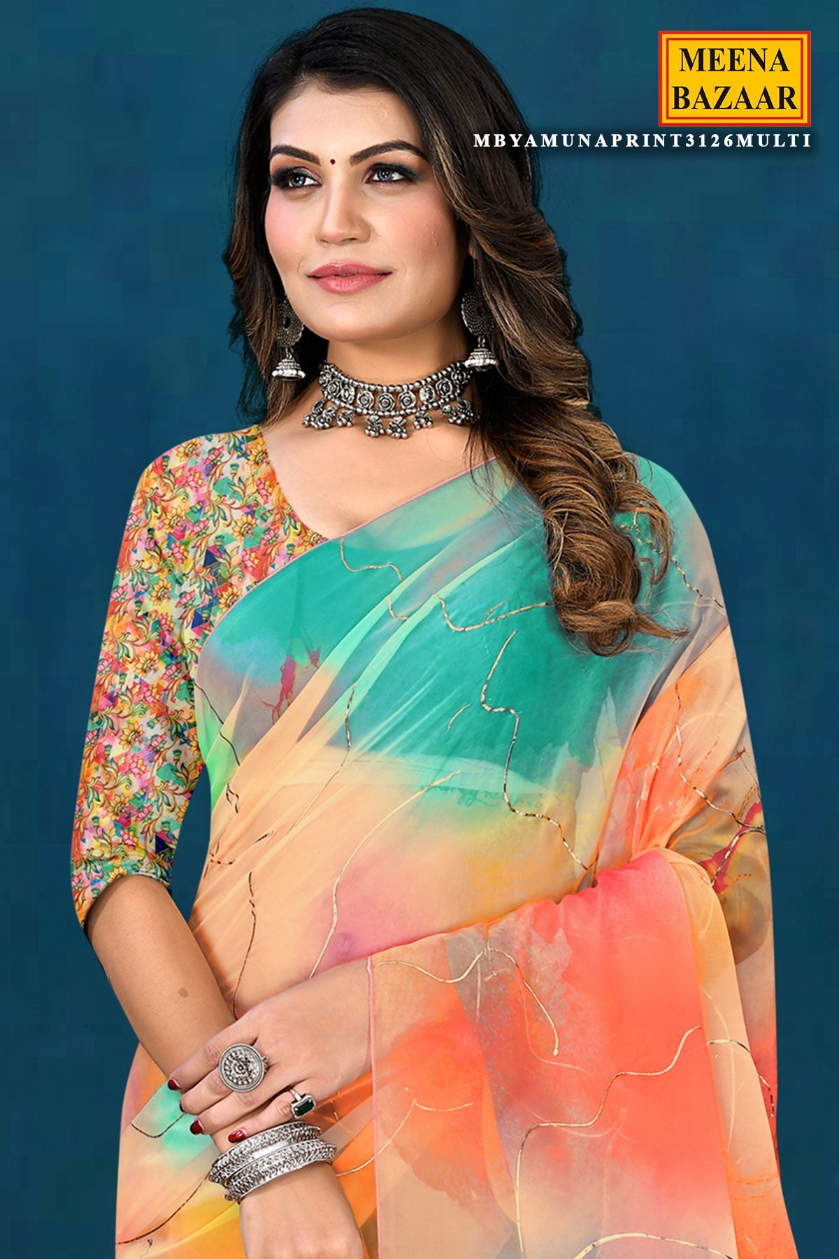 Multicoloured Organza Printed Saree