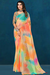 Multicoloured Organza Printed Saree