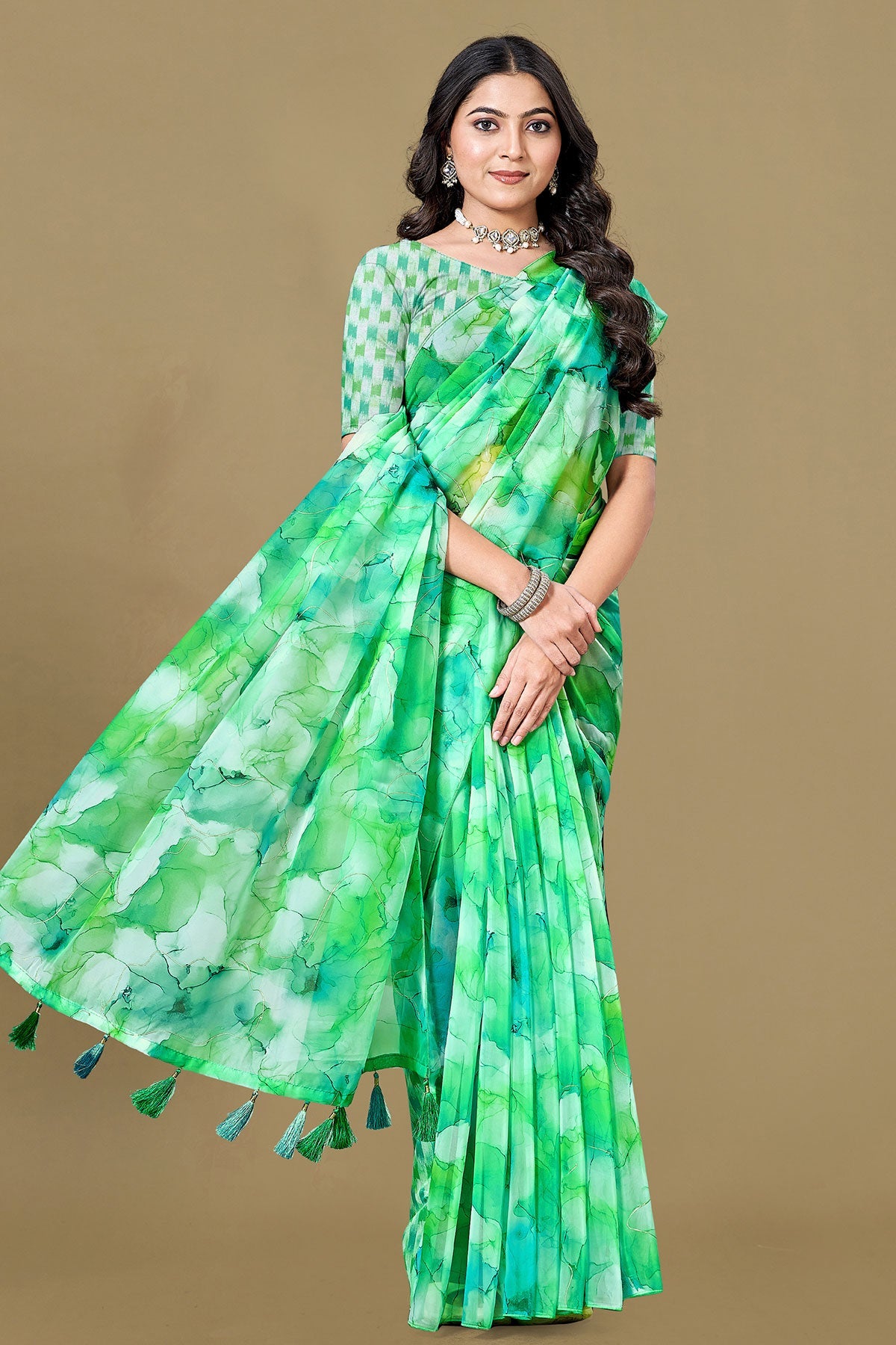 Elegant Green Organza Saree with Printed Design
