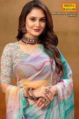 Firozi Organza Saree with Elegant Printed Design