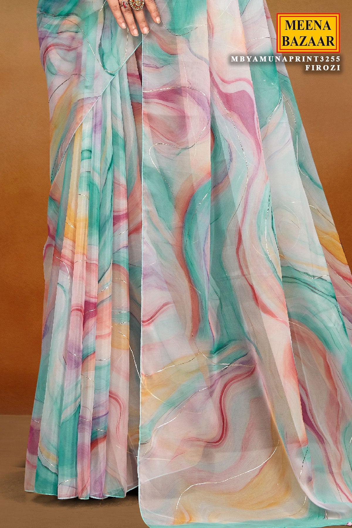 Firozi Organza Saree with Elegant Printed Design