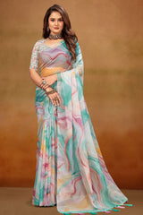 Firozi Organza Saree with Elegant Printed Design