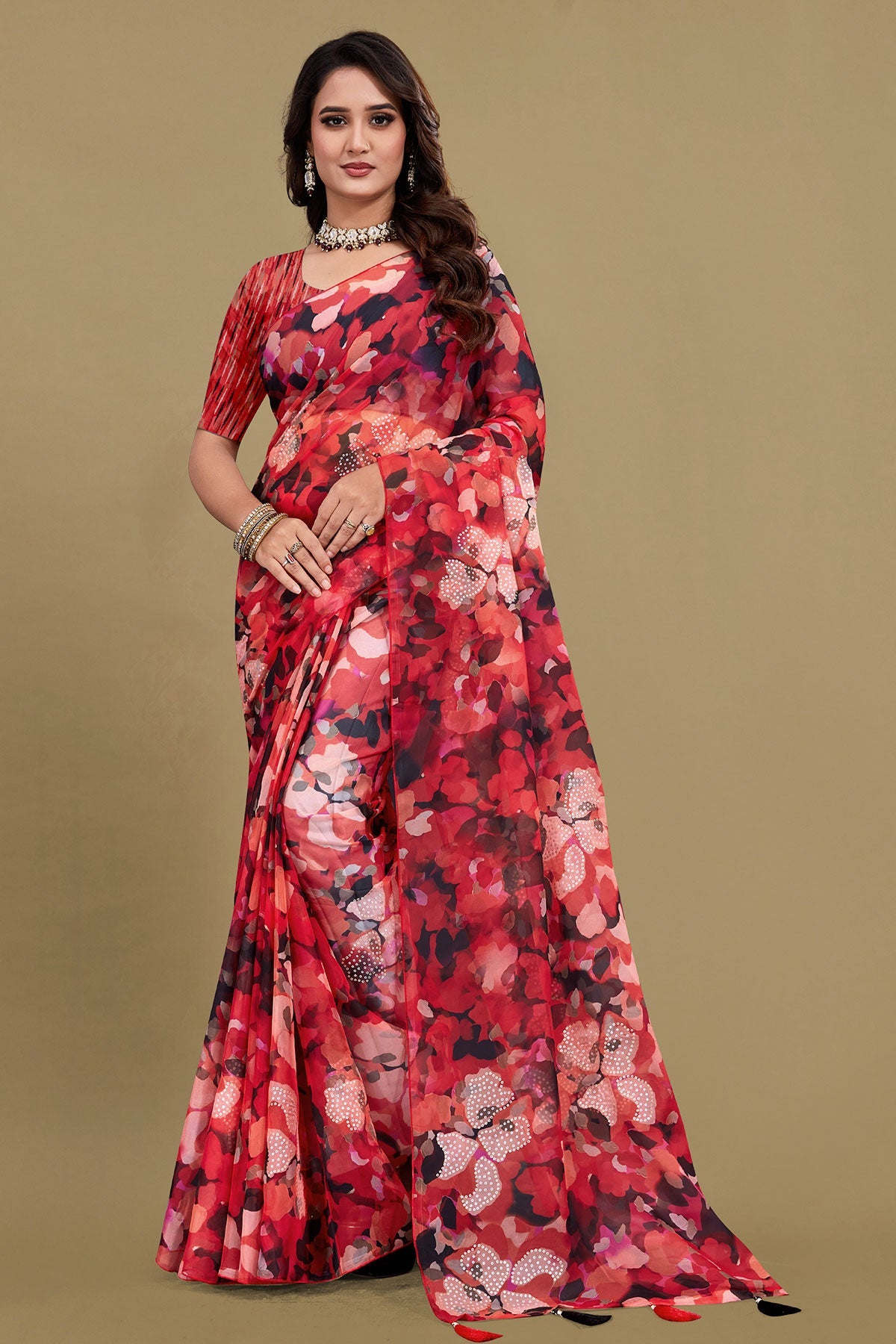 Elegant Red Organza Saree