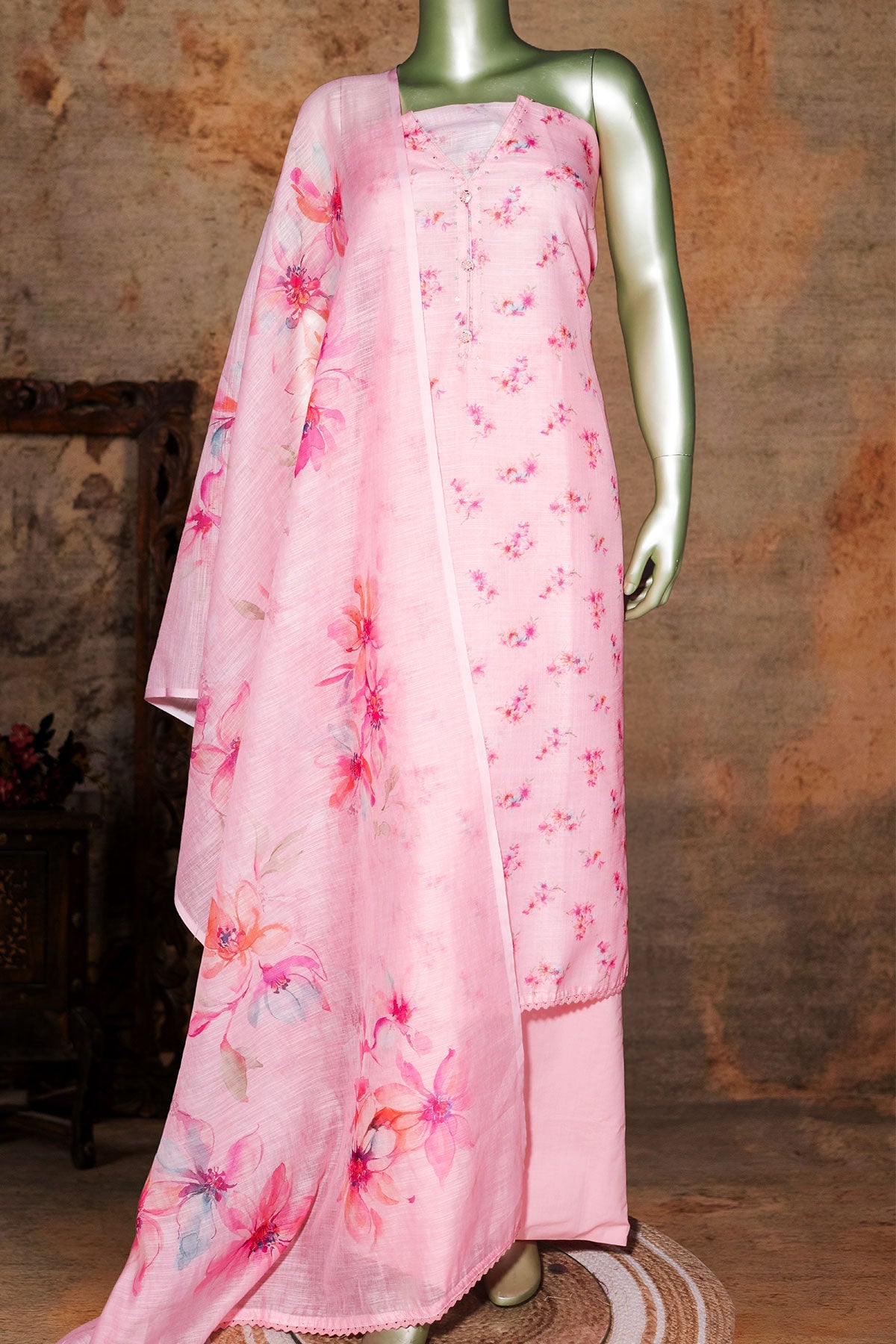 Pink Embroidered Cotton Unstitched Suit Set with Dupatta for Women