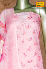 Pink Embroidered Cotton Unstitched Suit Set with Dupatta for Women