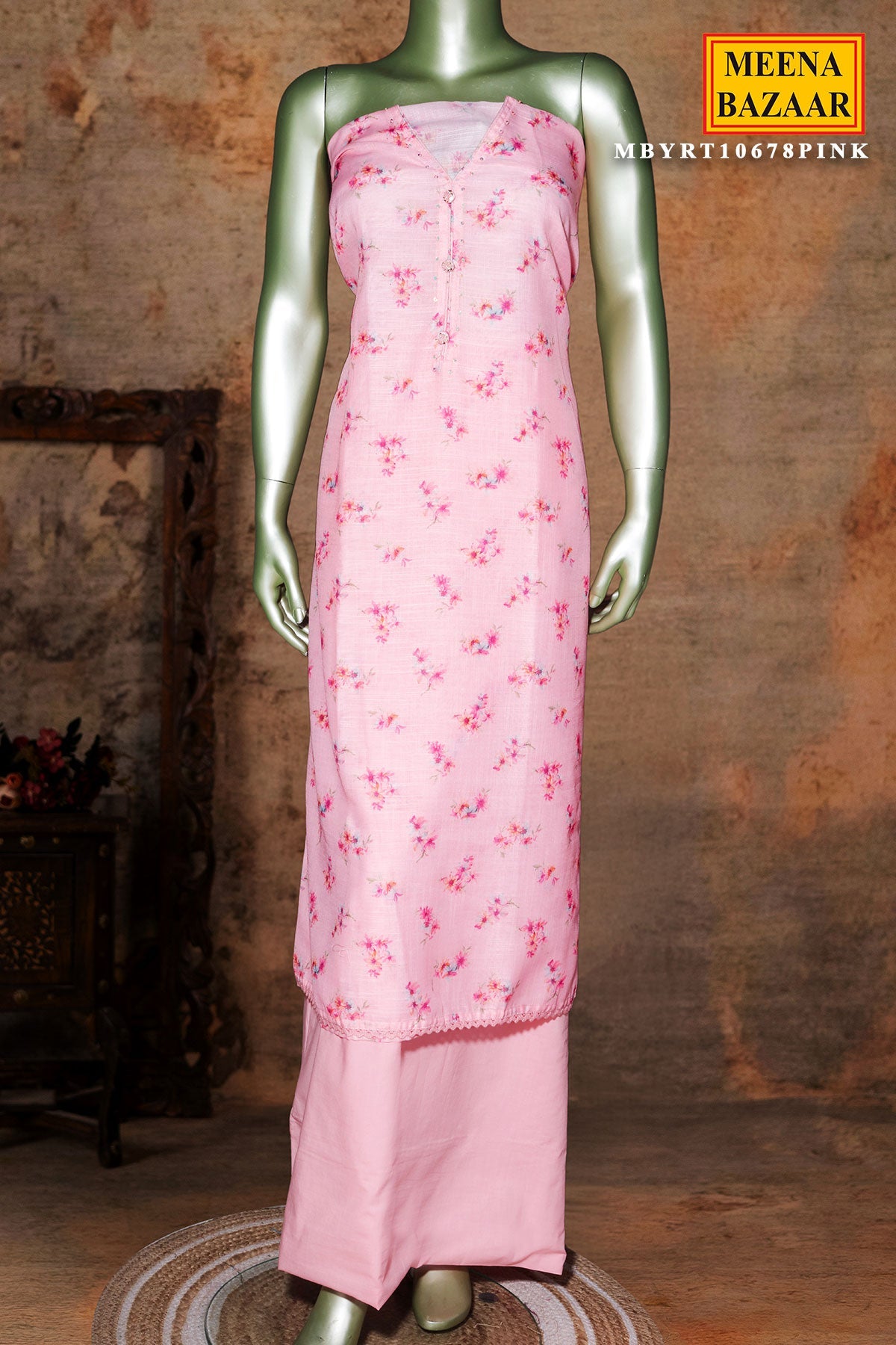 Pink Embroidered Cotton Unstitched Suit Set with Dupatta for Women