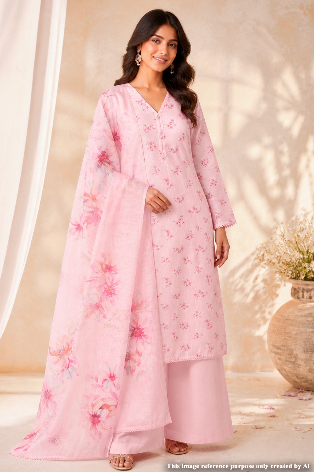 Pink Embroidered Cotton Unstitched Suit Set with Dupatta for Women