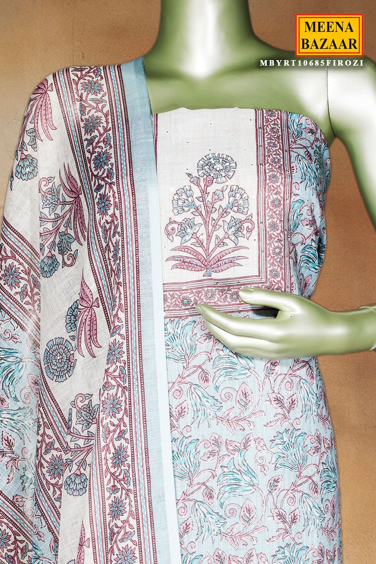 Firozi Cotton Embroidered Unstitched Suit | Elegant Ethnic Wear