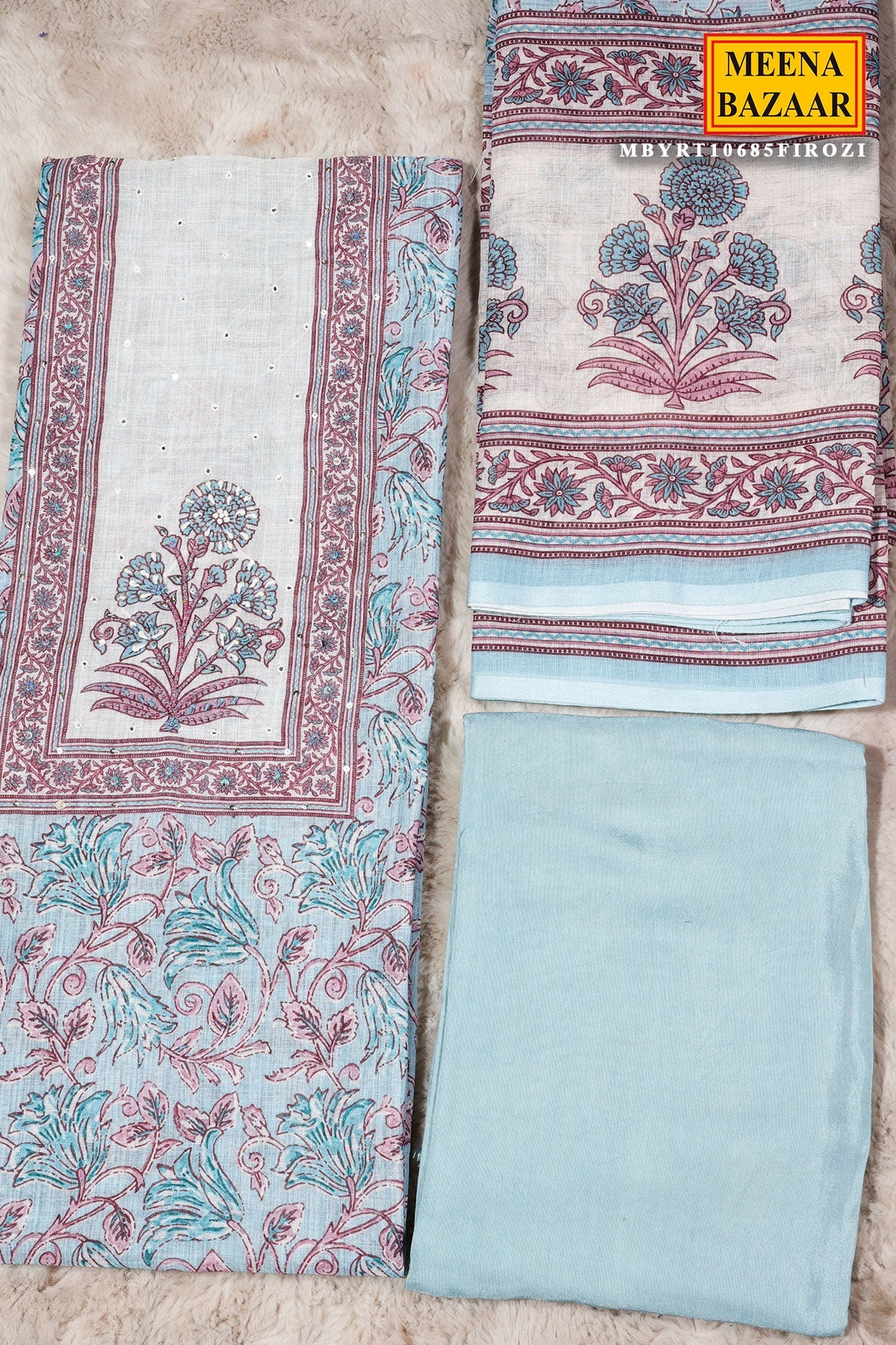 Firozi Cotton Embroidered Unstitched Suit | Elegant Ethnic Wear