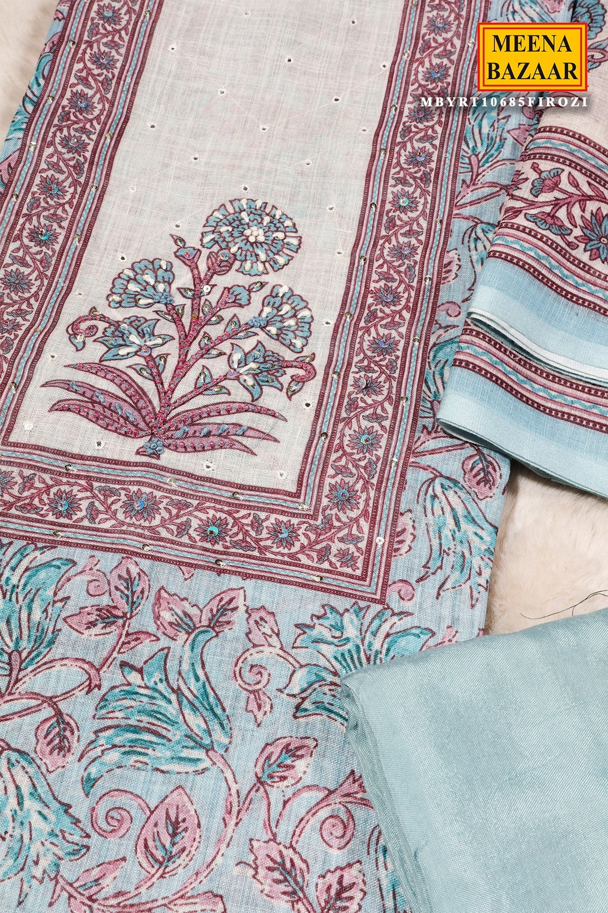 Firozi Cotton Embroidered Unstitched Suit | Elegant Ethnic Wear
