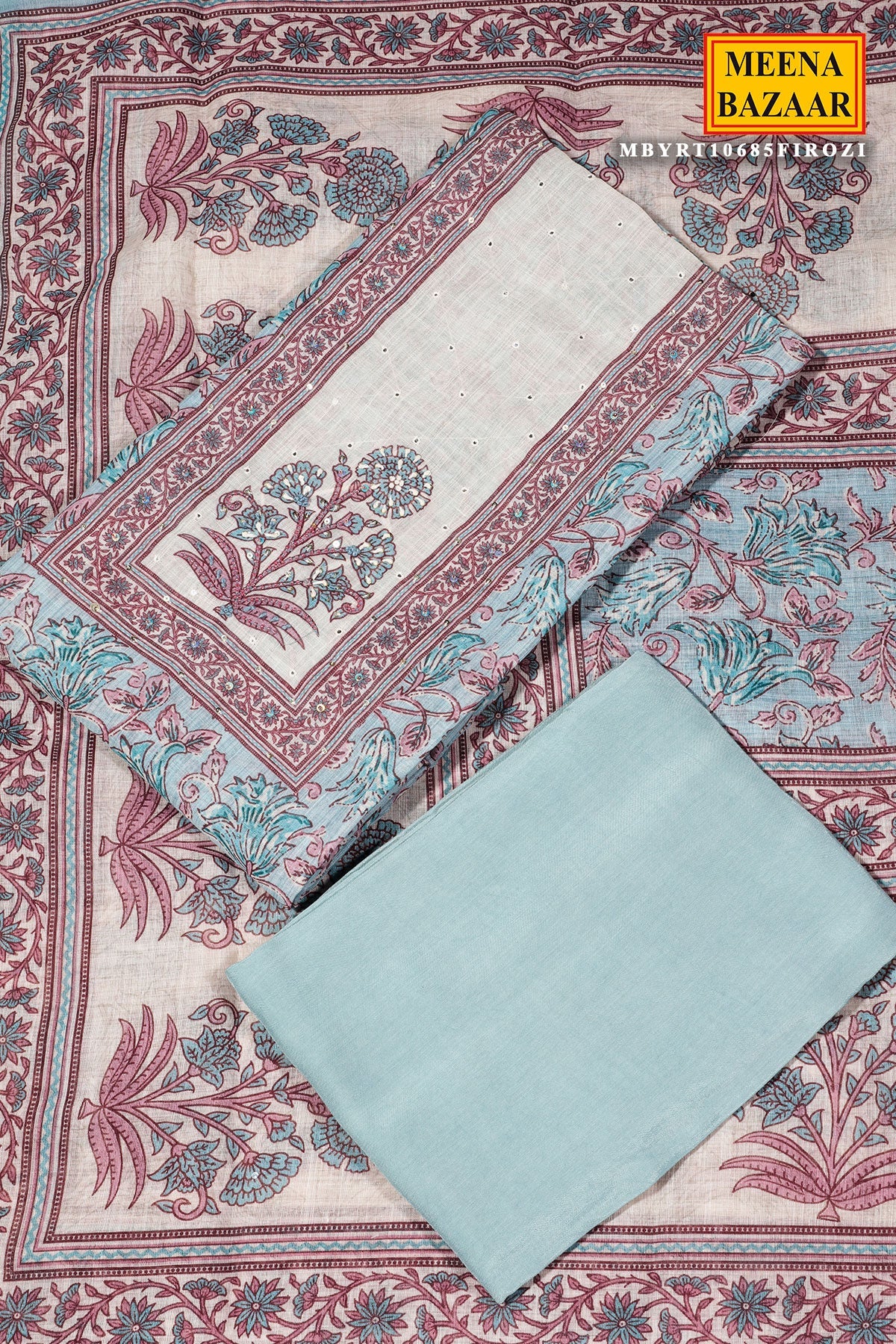 Firozi Cotton Embroidered Unstitched Suit | Elegant Ethnic Wear