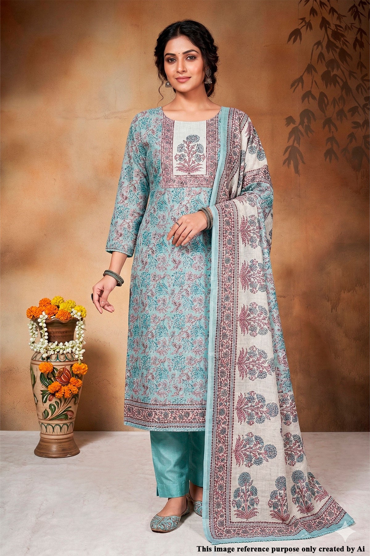Firozi Cotton Embroidered Unstitched Suit | Elegant Ethnic Wear