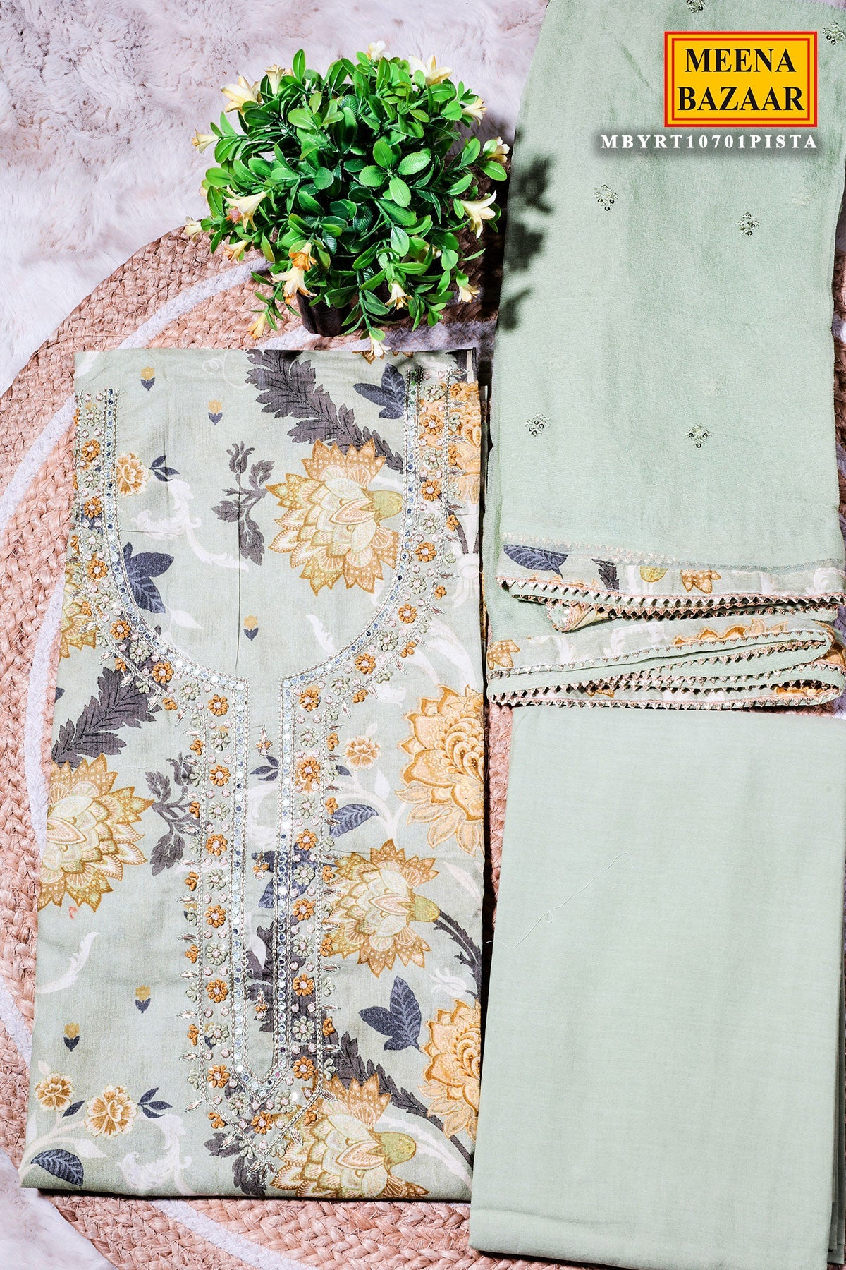 Pista Cotton Unstitched Suit with Elegant Embroidery